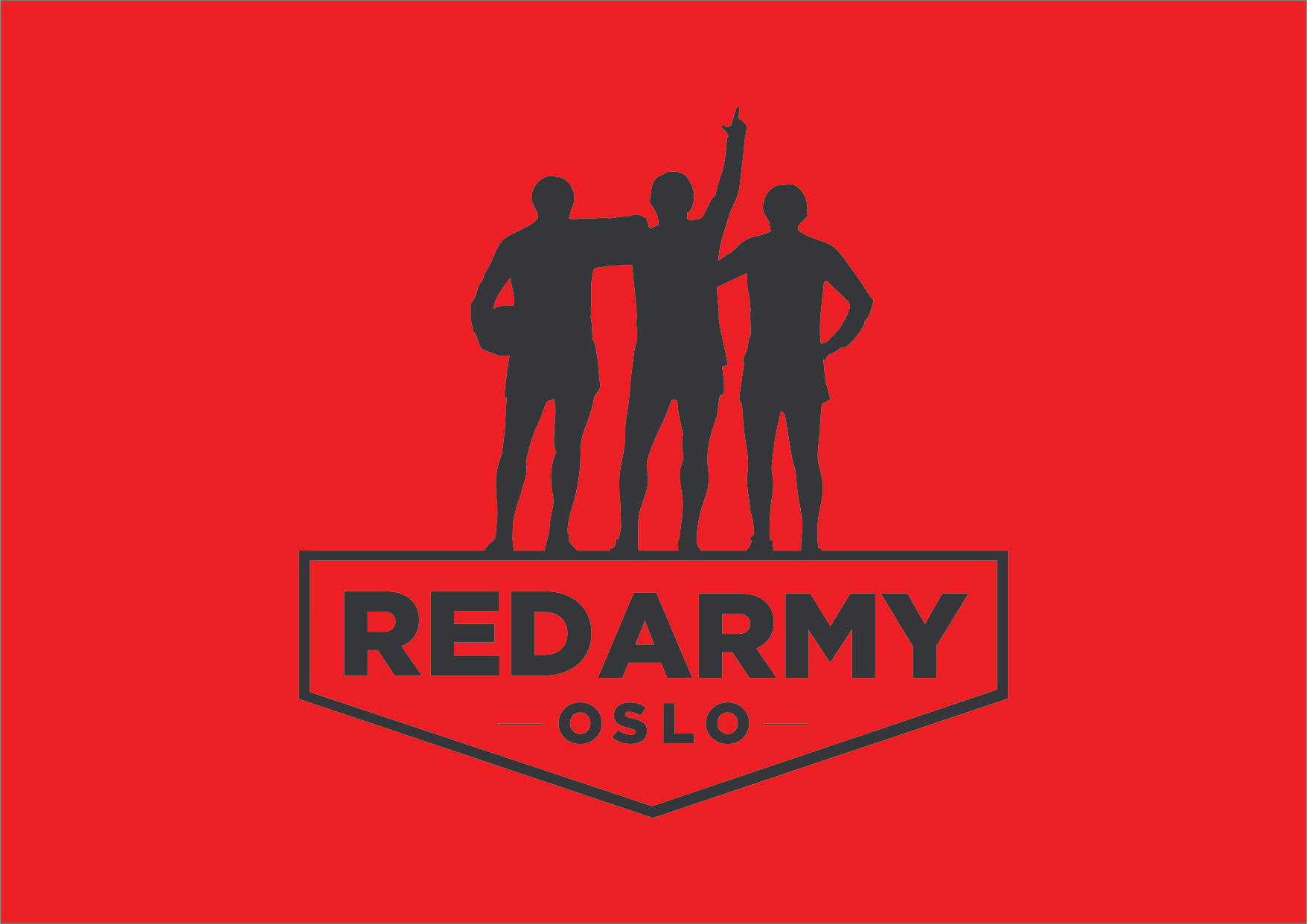 Red Army Oslo-logo i svart farge med knallrød bakgrunn.